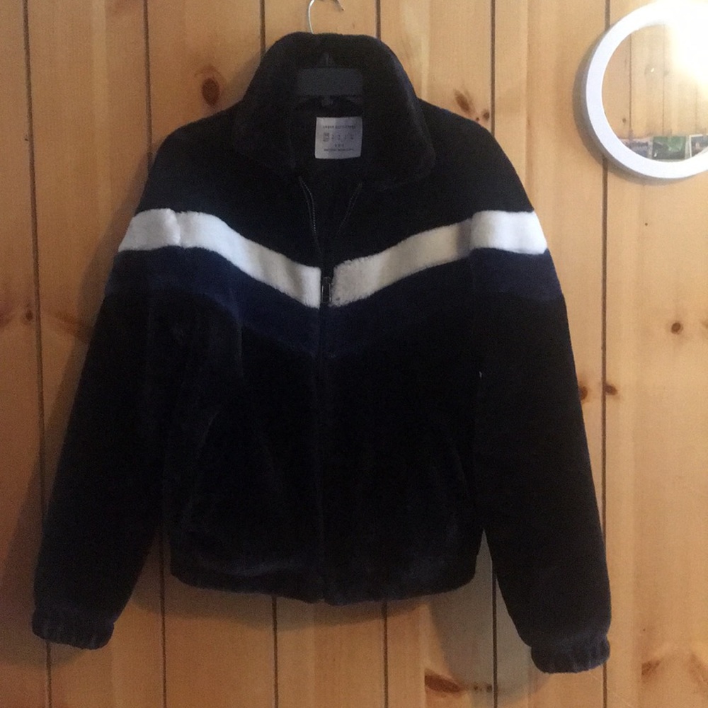 SUPER cozy bear coat with white and blue strip.